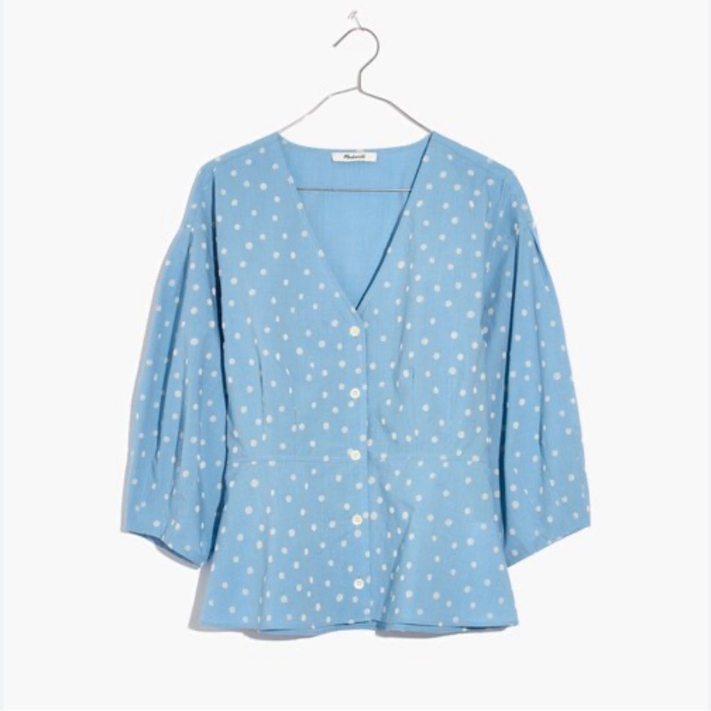 Madewell Florentine peplum top in ink spot dots blue blouse top size 6